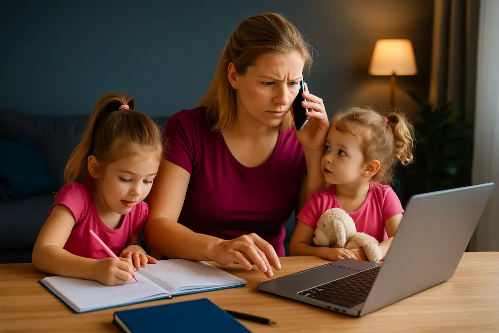 Femme débordée, multi-tâches, visiblement épuisée – symbole de la charge mentale des solopreneures.