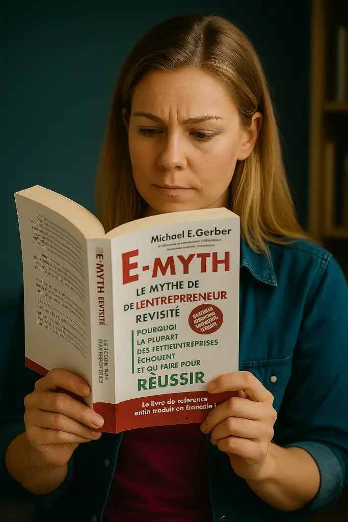 Femme portant trois casquettes marquées CEO, Manager et Technicien – illustration du modèle E-Myth