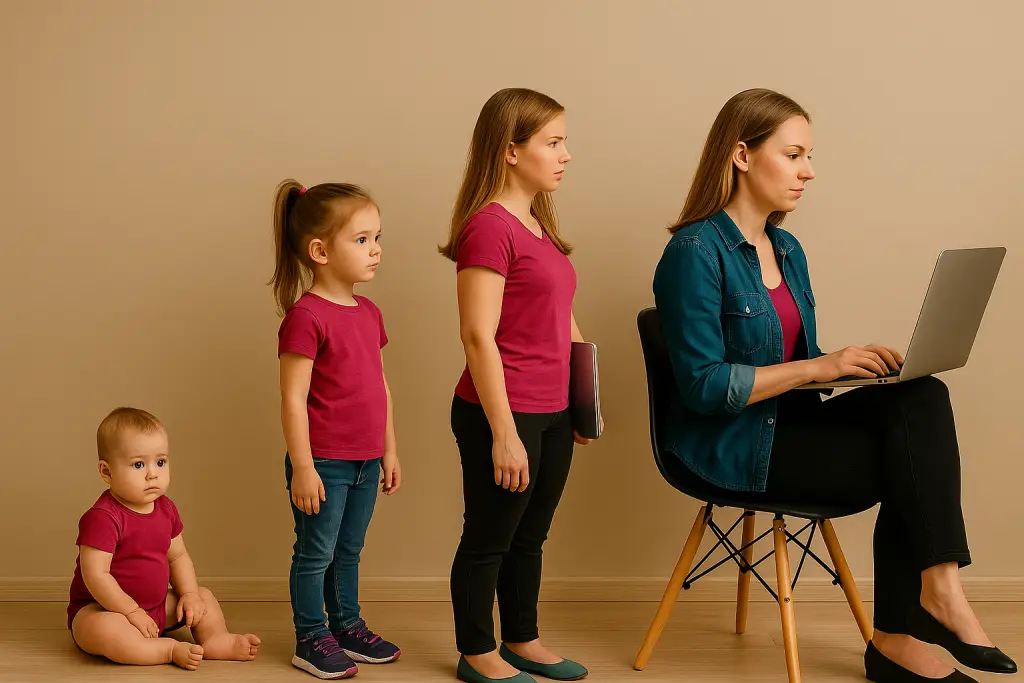 Photographie d'une femme évoluant à travers 4 étapes de vie : bébé, ado, jeune adulte et adulte – une métaphore visuelle du parcours entrepreneurial.