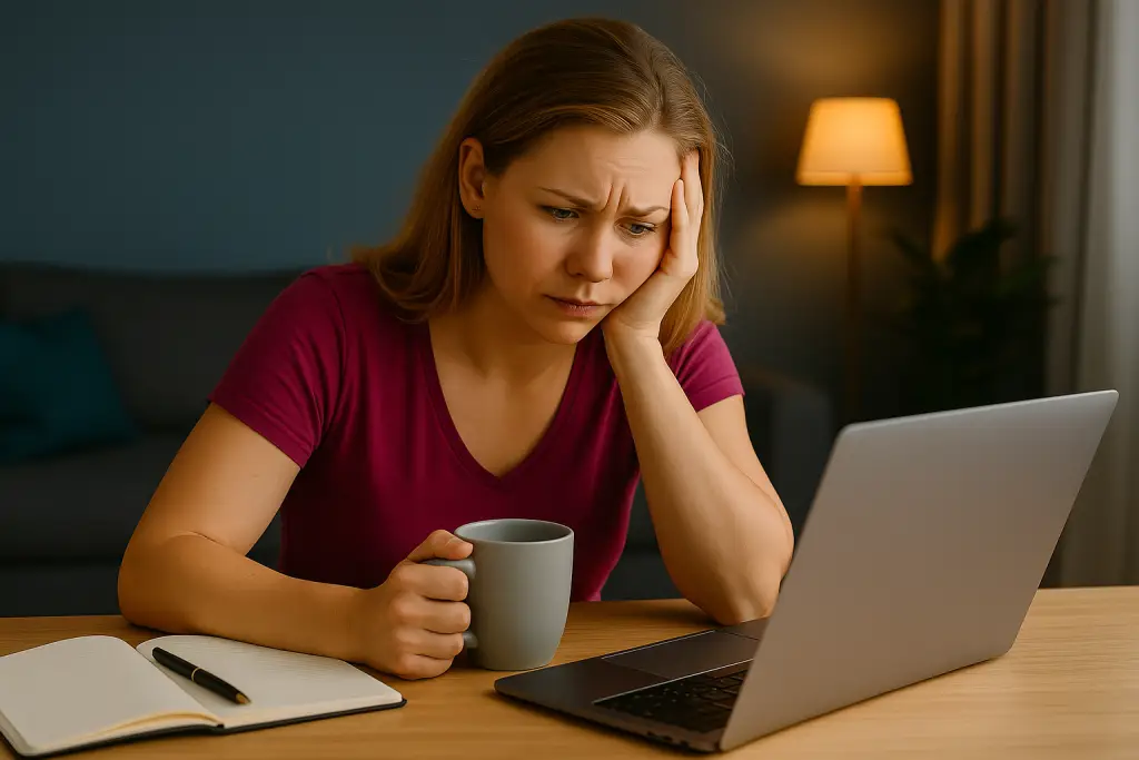 Femme entrepreneure assise à son bureau, entourée de dossiers, téléphone et jouets d’enfants – symbole de la charge mentale.
