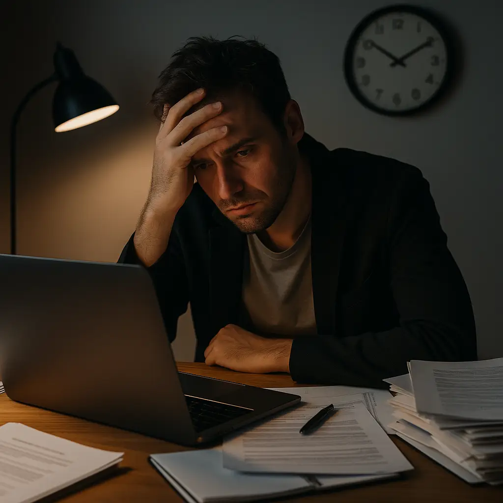 entrepreneur en train de réfléchir à son business, assis à un bureau, avec un ordinateur portable ouvert et des notes autour de lui. Expression concentrée, ambiance professionnelle mais chaleureuse. Représentation du dilemme entre croissance et surcharge mentale.